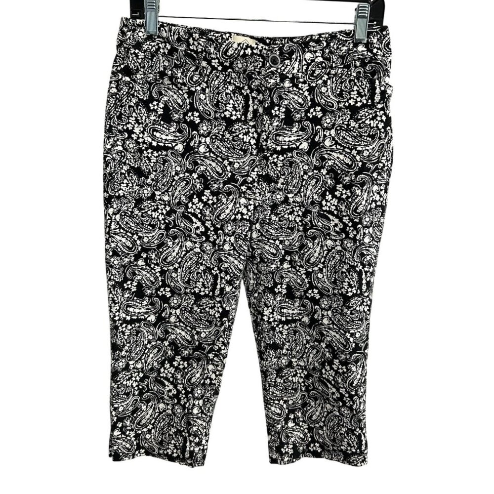 St Johns Bay Womens Paisley Capri Pants Size 10 Black White Cotton Blend Stretch
